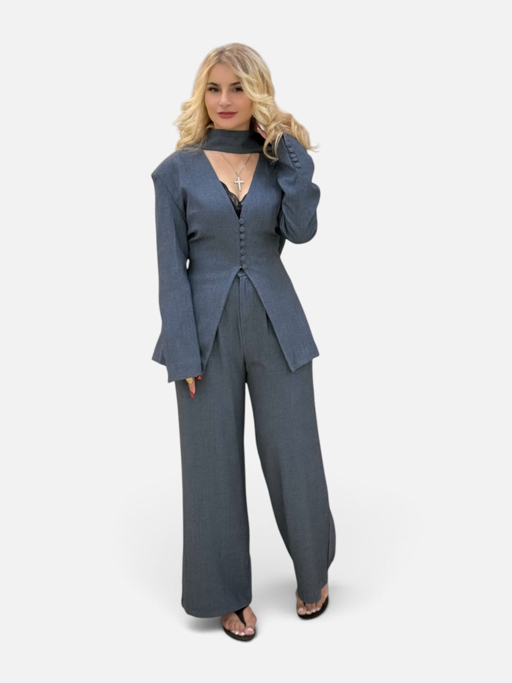 Grayish Blue Two-Piece Suit Set