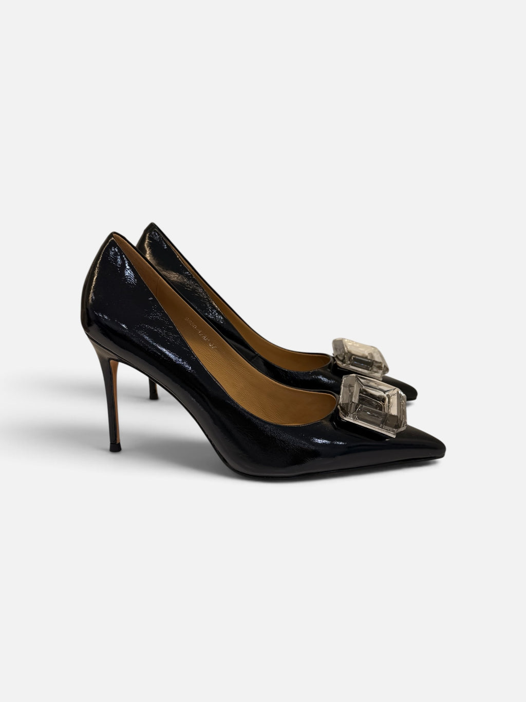 Glossy Black Pointed-Toe Pumps with Crystal Buckle