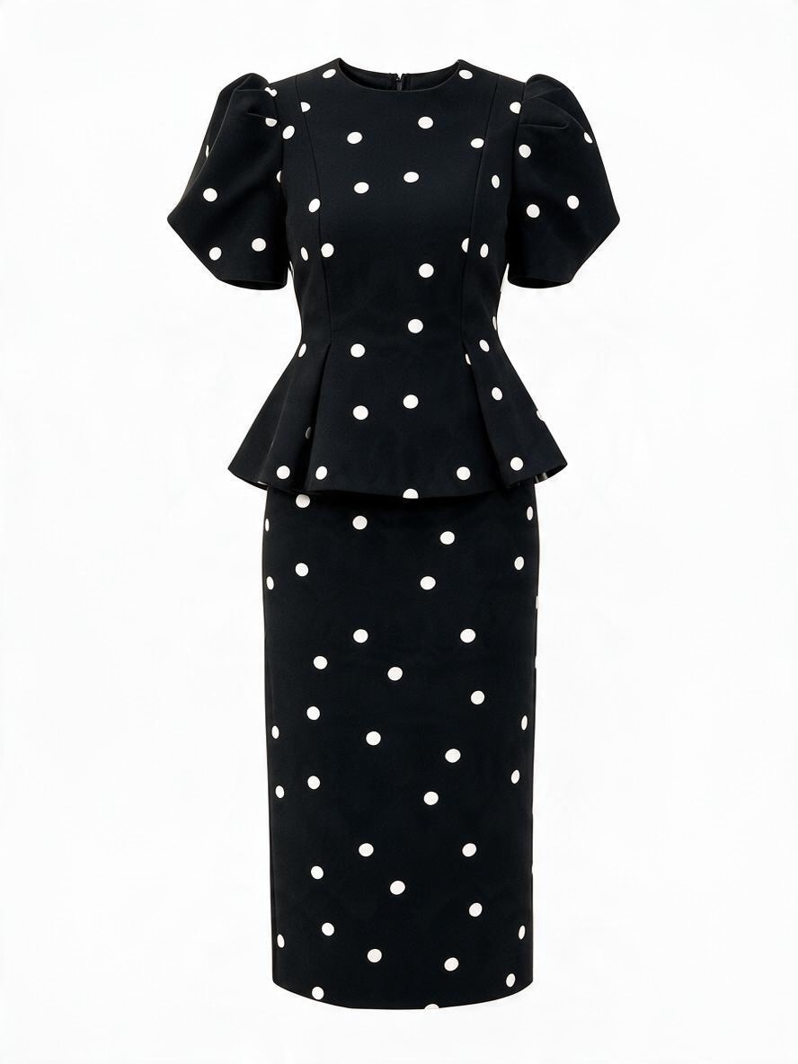 Elegant Black Polka Dot Midi Dress with Puff Sleeves