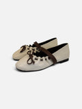 Cream Leather Ballet Flats with Dark Brown Lace-Up & Strap