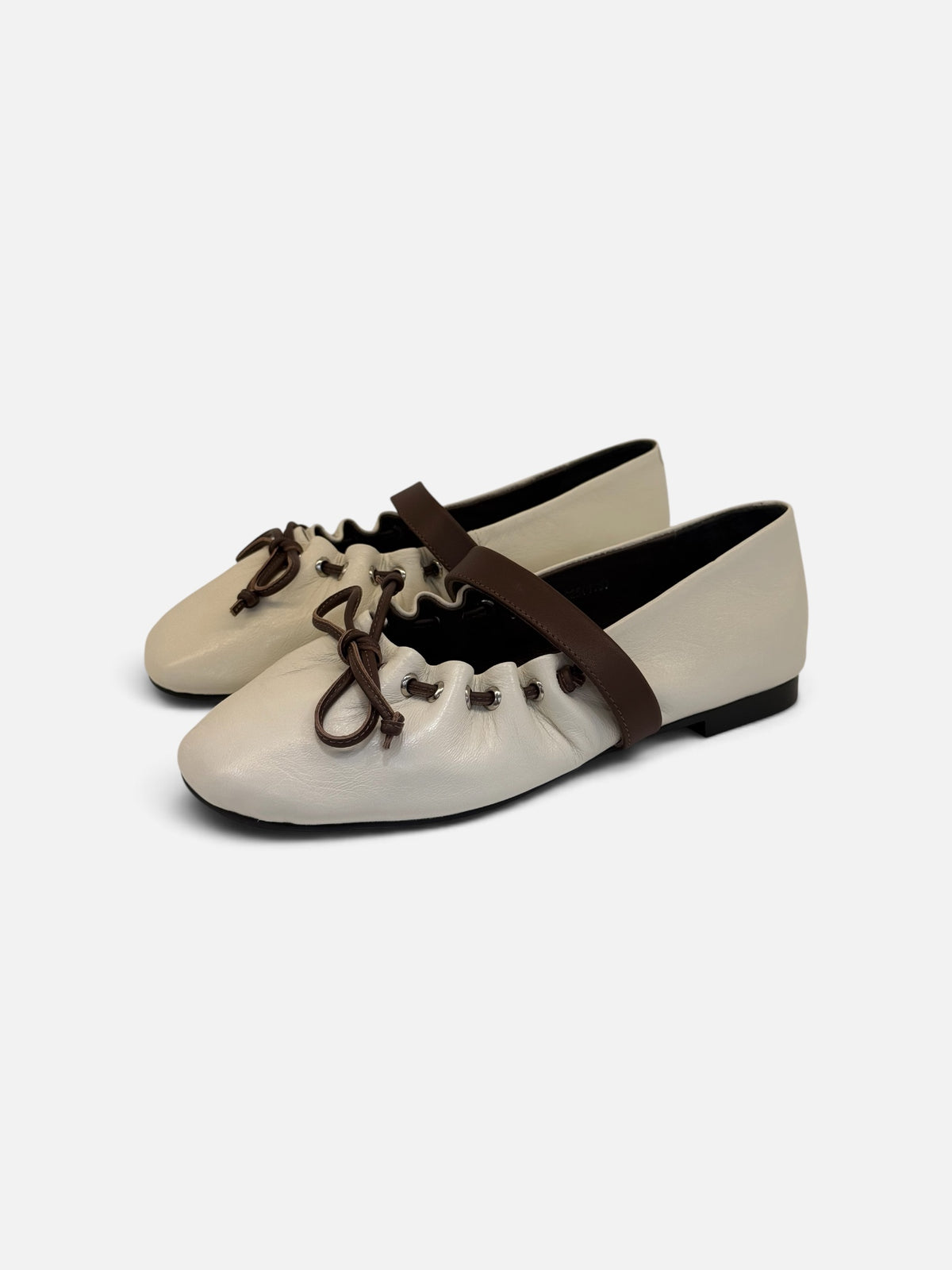 Cream Leather Ballet Flats with Dark Brown Lace-Up & Strap