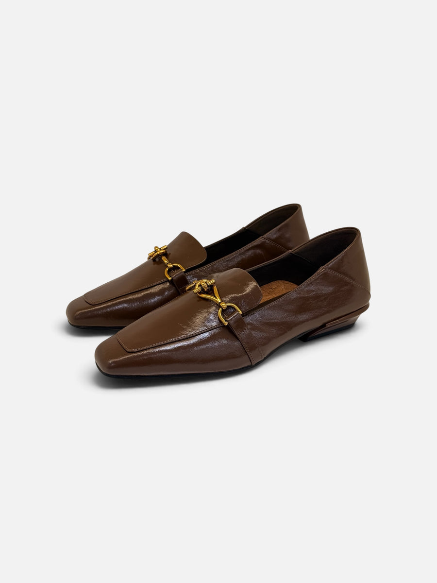 Classic Dark Brown Leather Flat Loafers with Gold Hardware