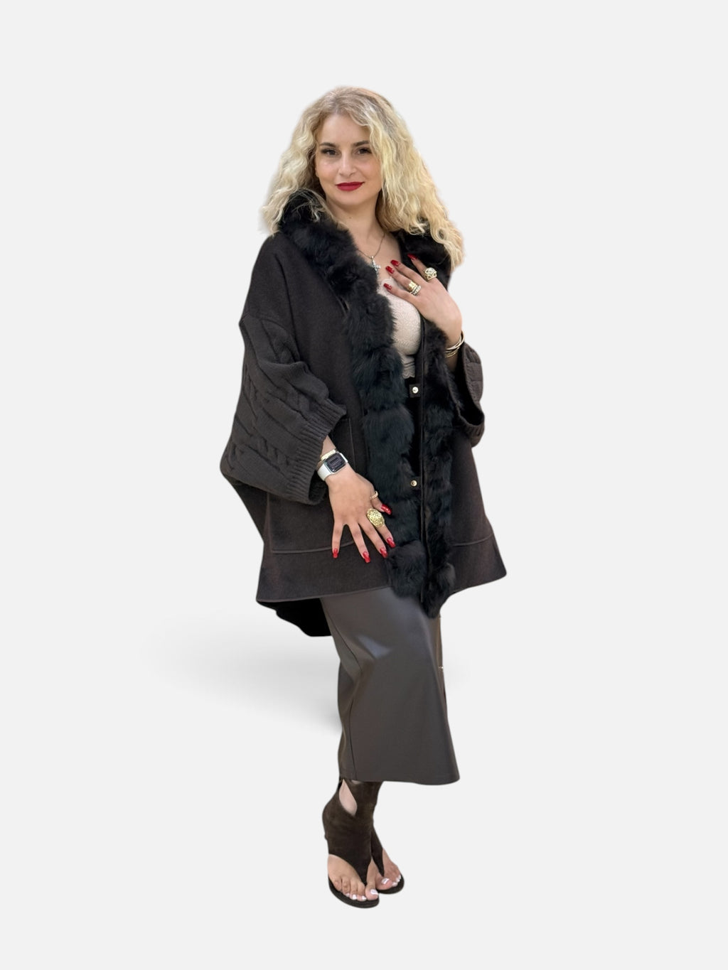 Cable-Knit Natural Fur-Trim Coat