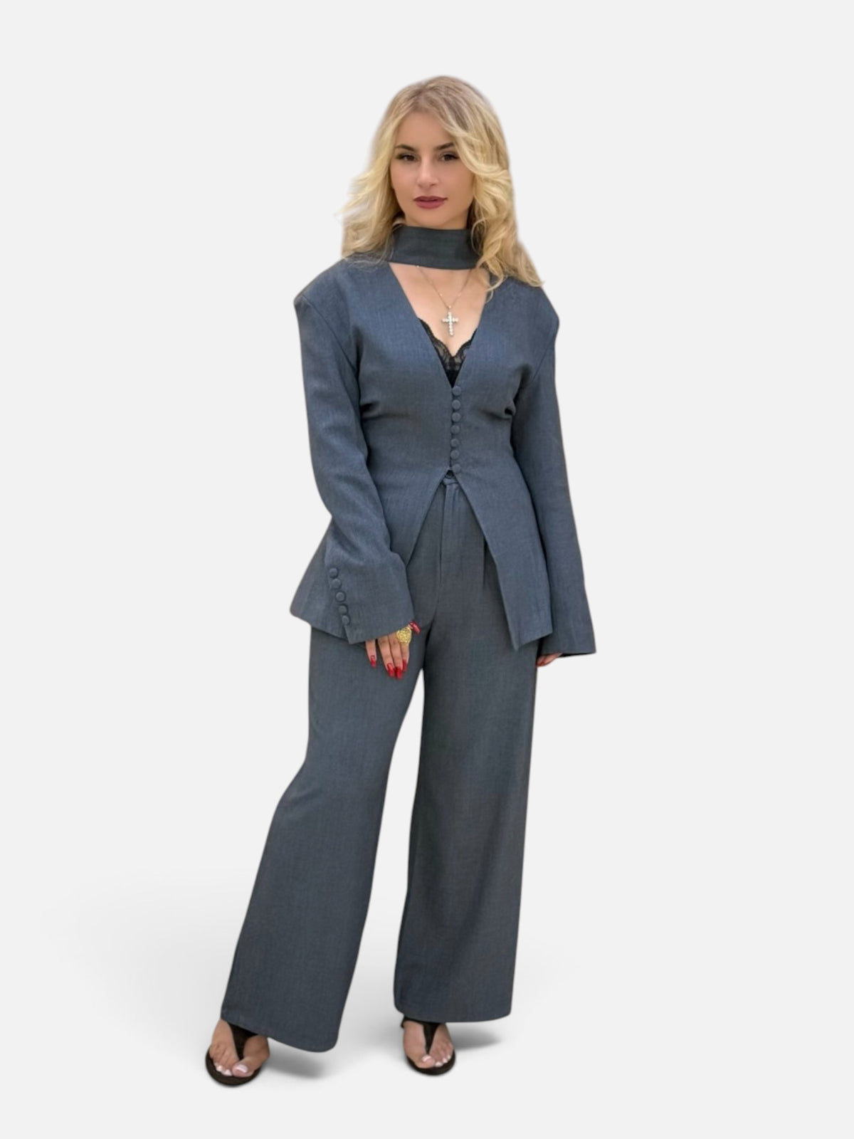 Grayish Blue Two-Piece Suit Set