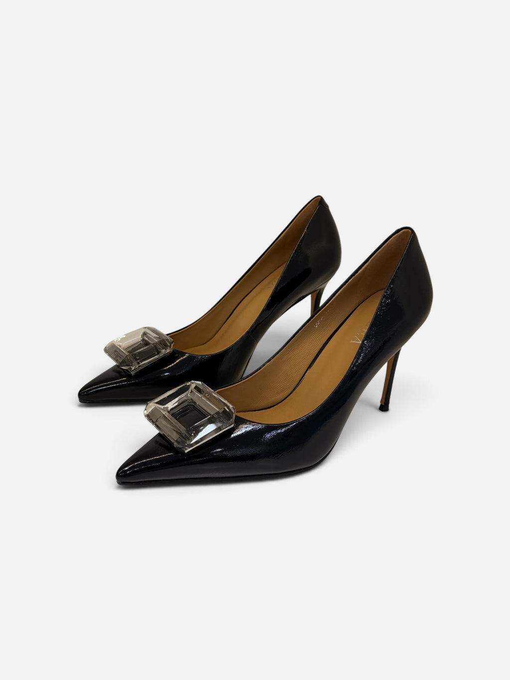 Glossy Black Pointed-Toe Pumps with Crystal Buckle