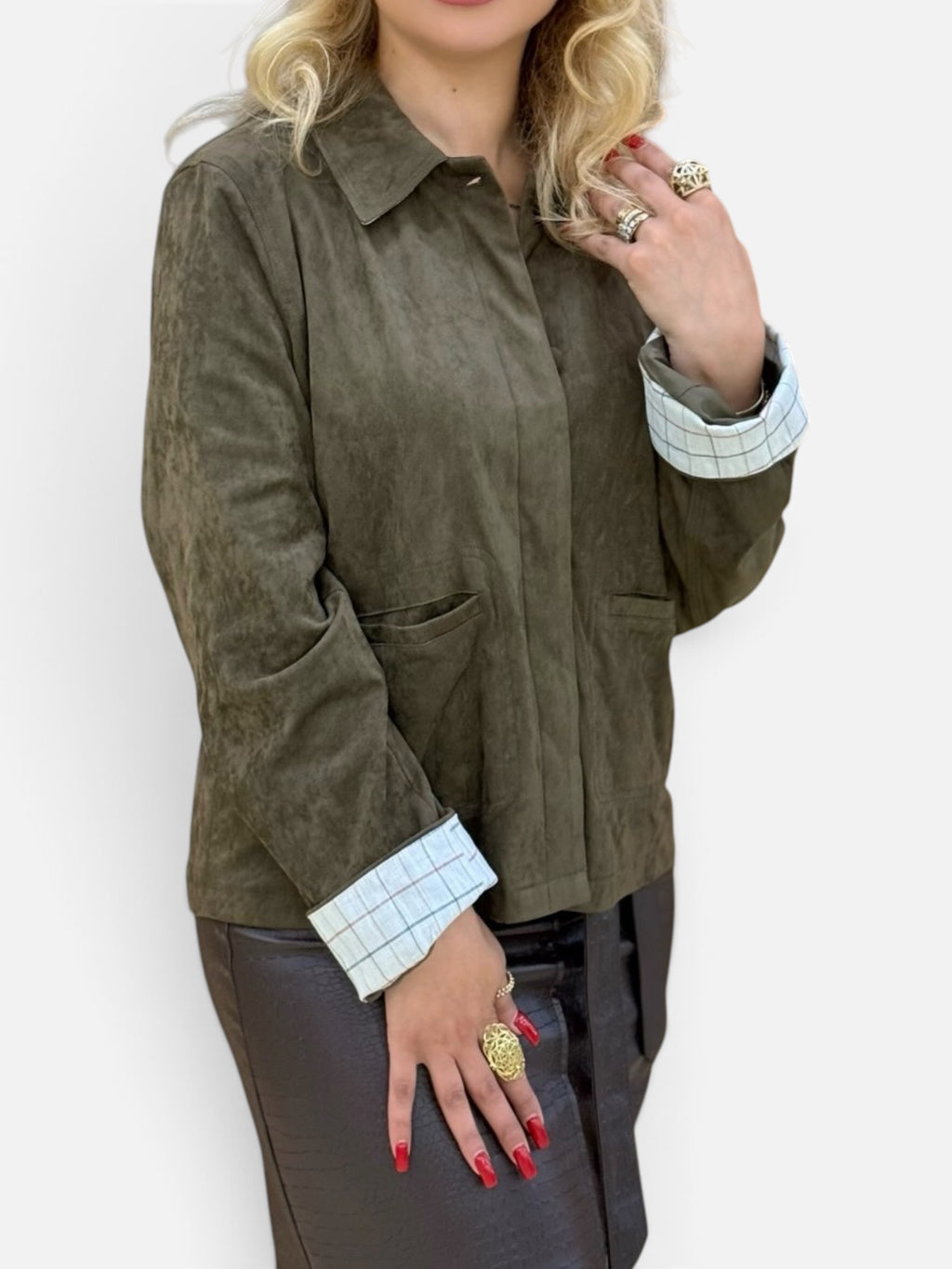 Olive Green Suede Jacket with Ledger Check Cuffs