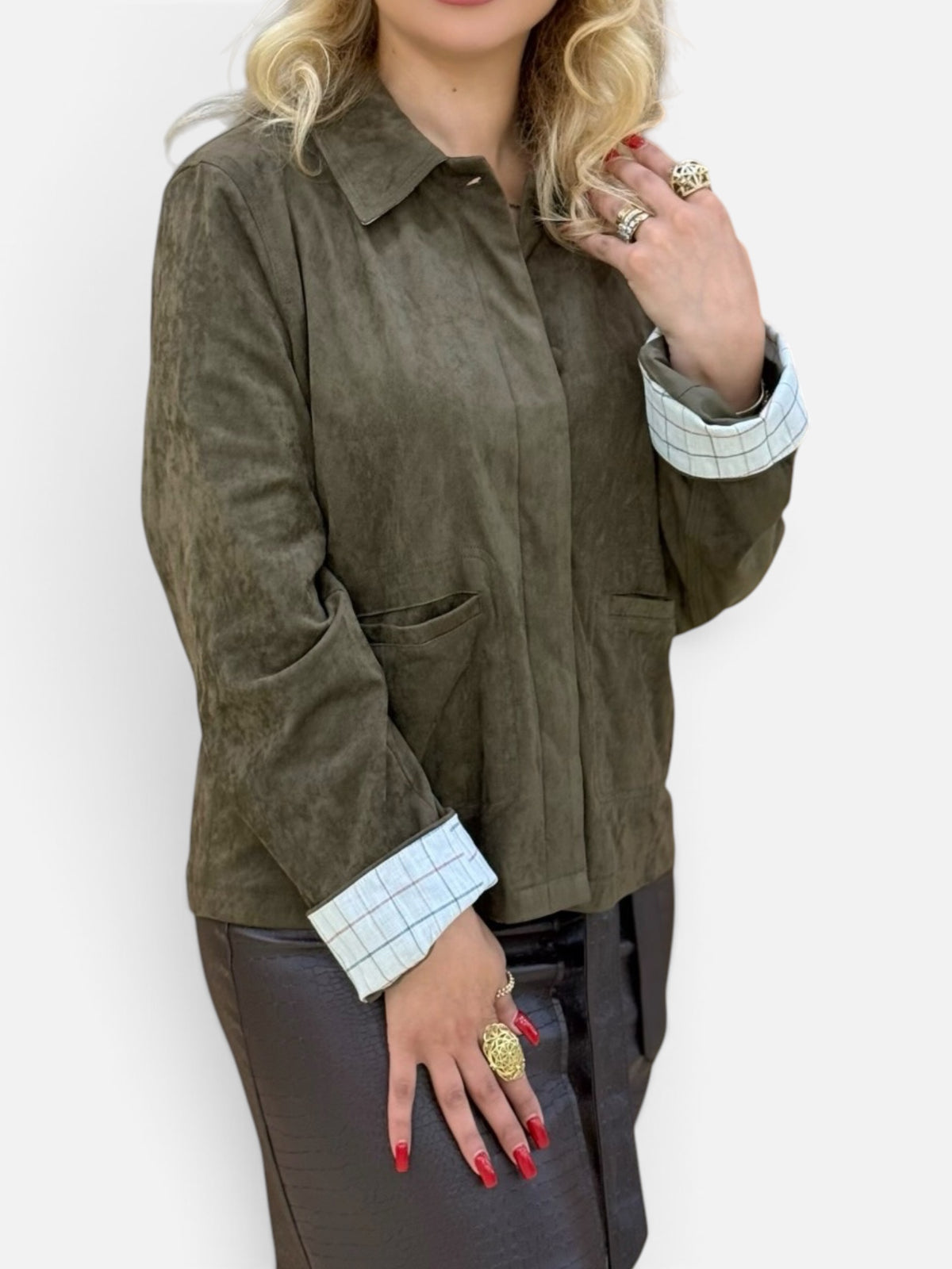 Olive Green Suede Jacket with Ledger Check Cuffs