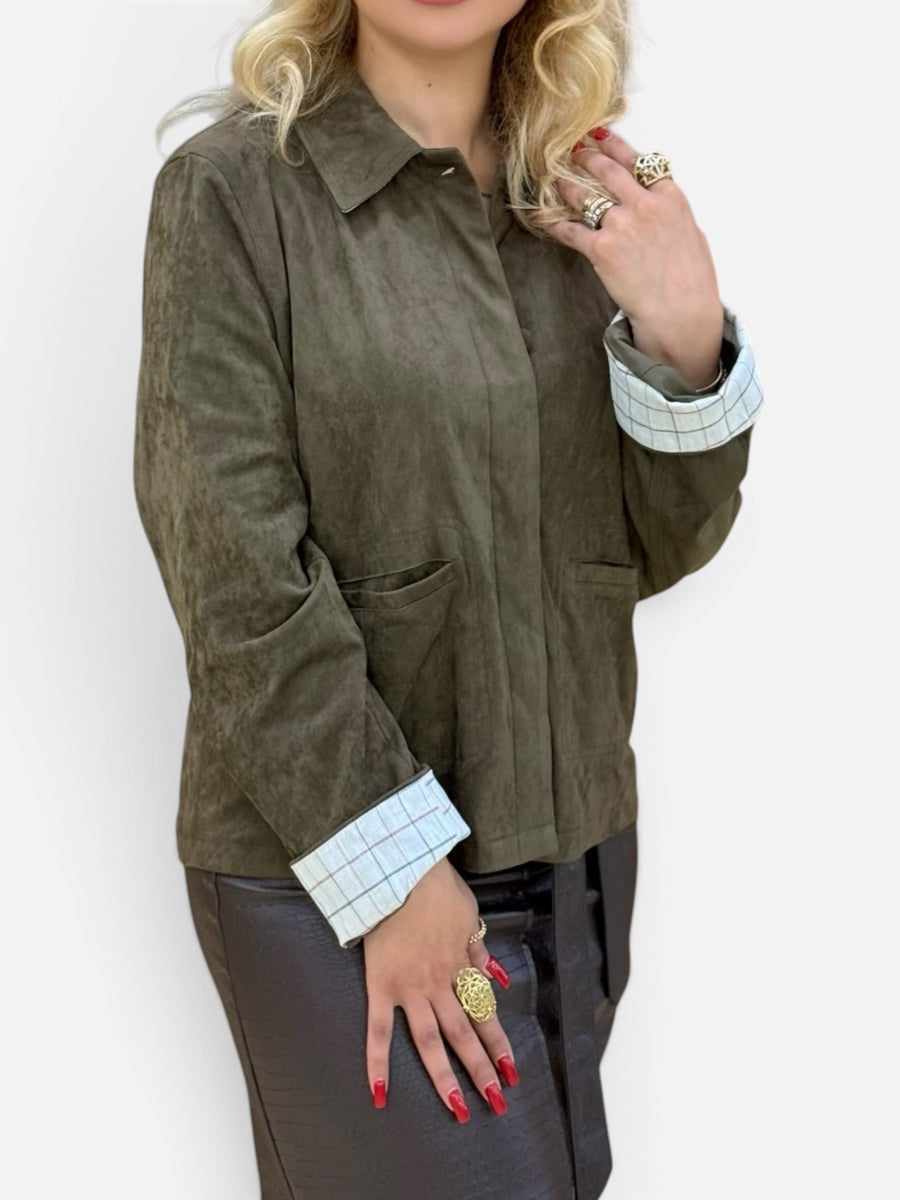 Olive Green Suede Jacket with Ledger Check Cuffs