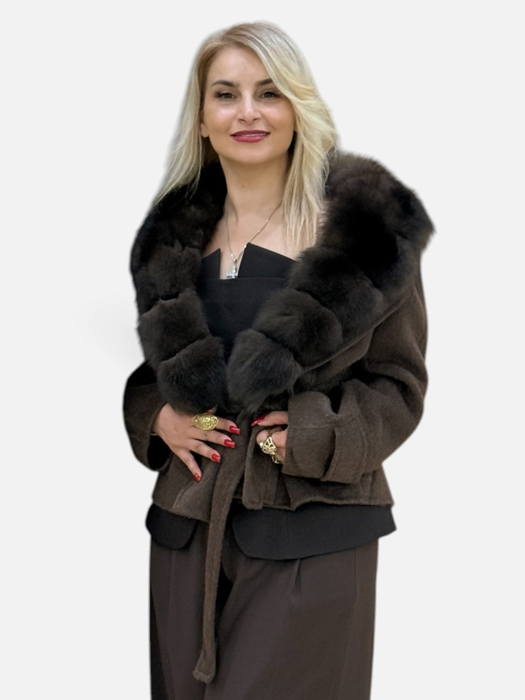 Dark Chocolate Wool Belted Coat with Fur Collar