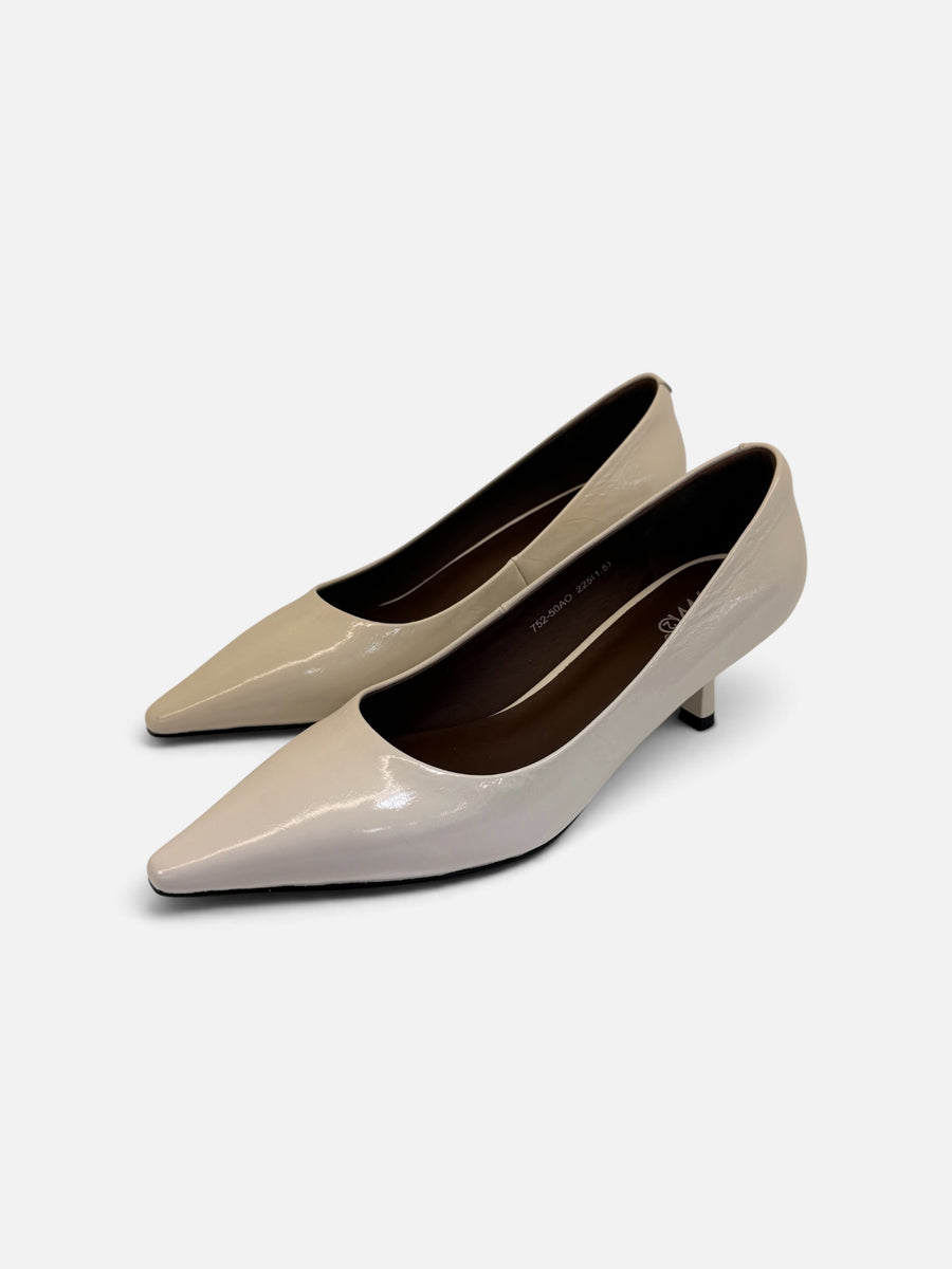 Minimalist Cream Patent Low-Heel Court Shoes