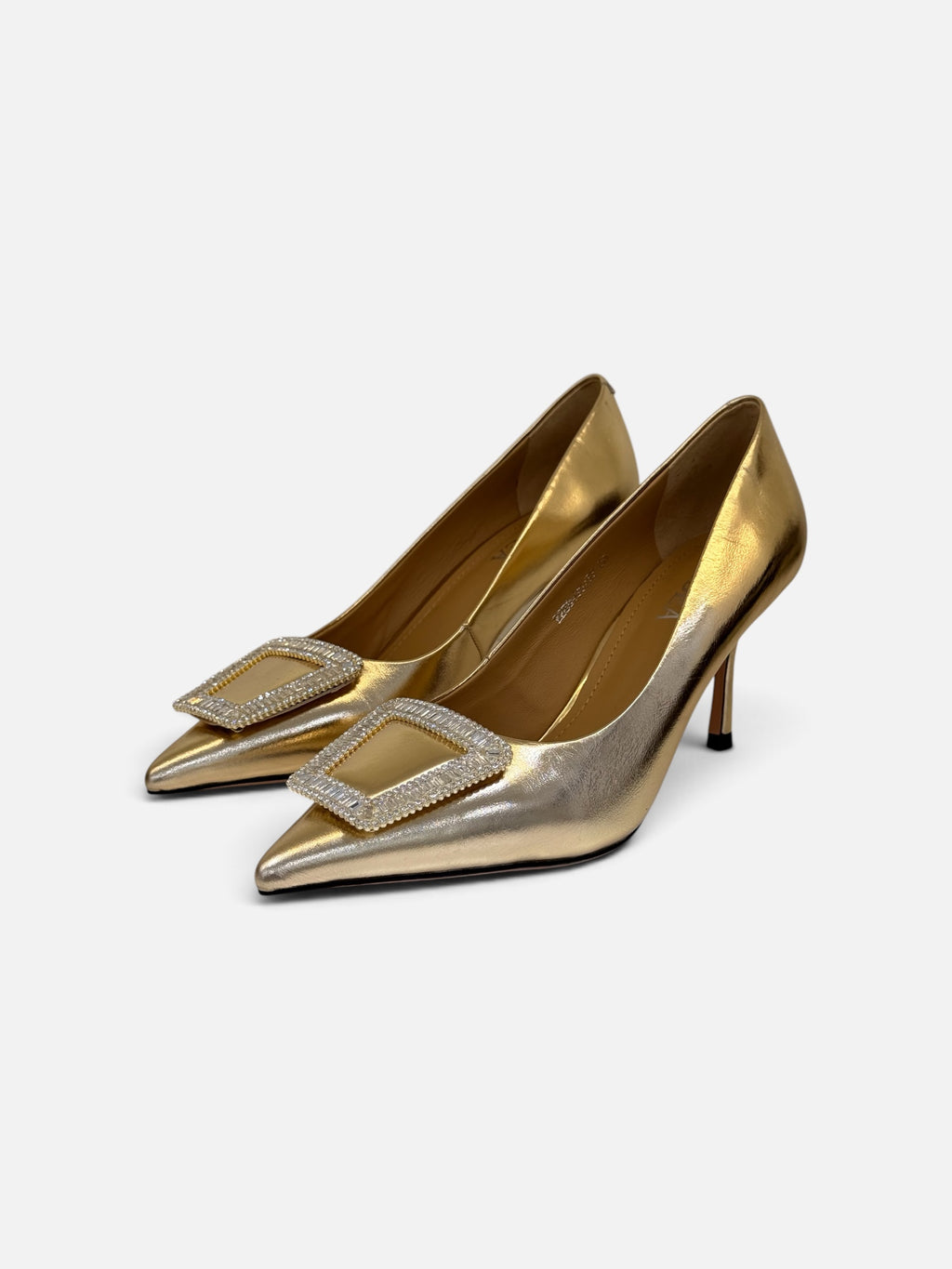 Metallic Gold Pumps with Crystal Buckle