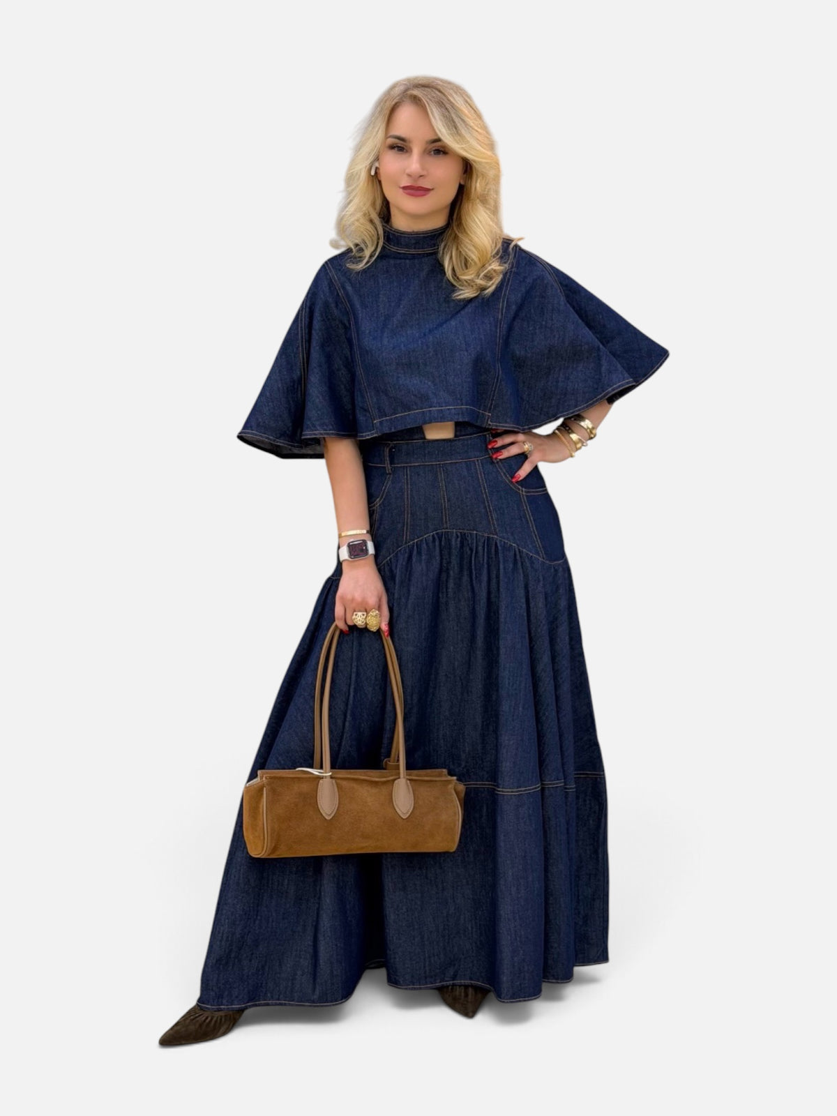 Denim Two-Piece Set – Cropped Flutter Sleeve Top & Full-Length A-Line Skirt