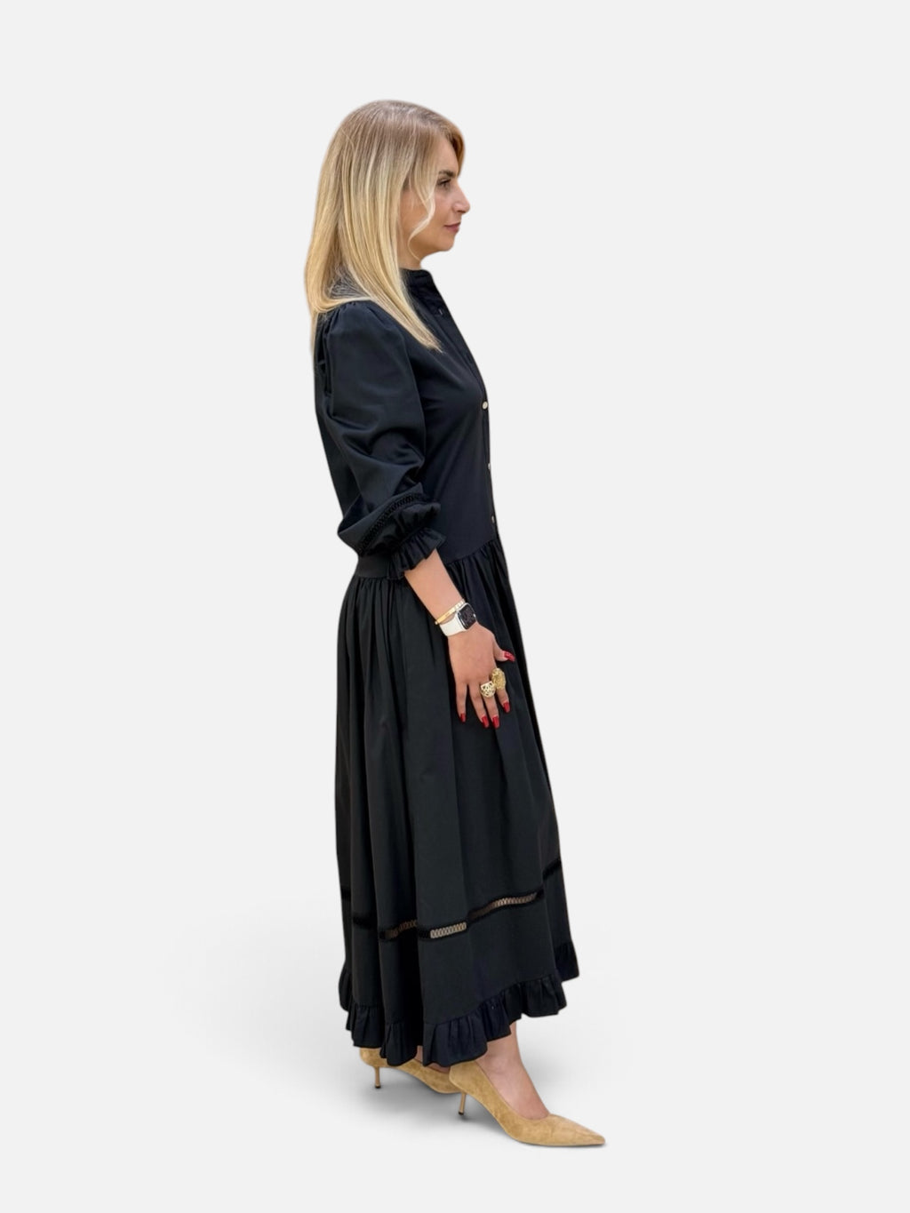 Black Button-Front Midi Dress – Puff Sleeve with Ruffle Hem