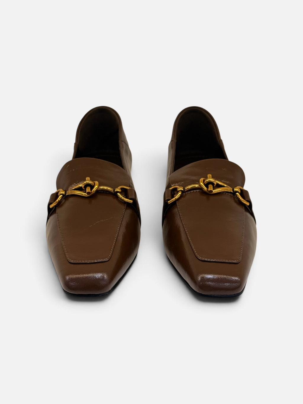 Classic Dark Brown Leather Flat Loafers with Gold Hardware