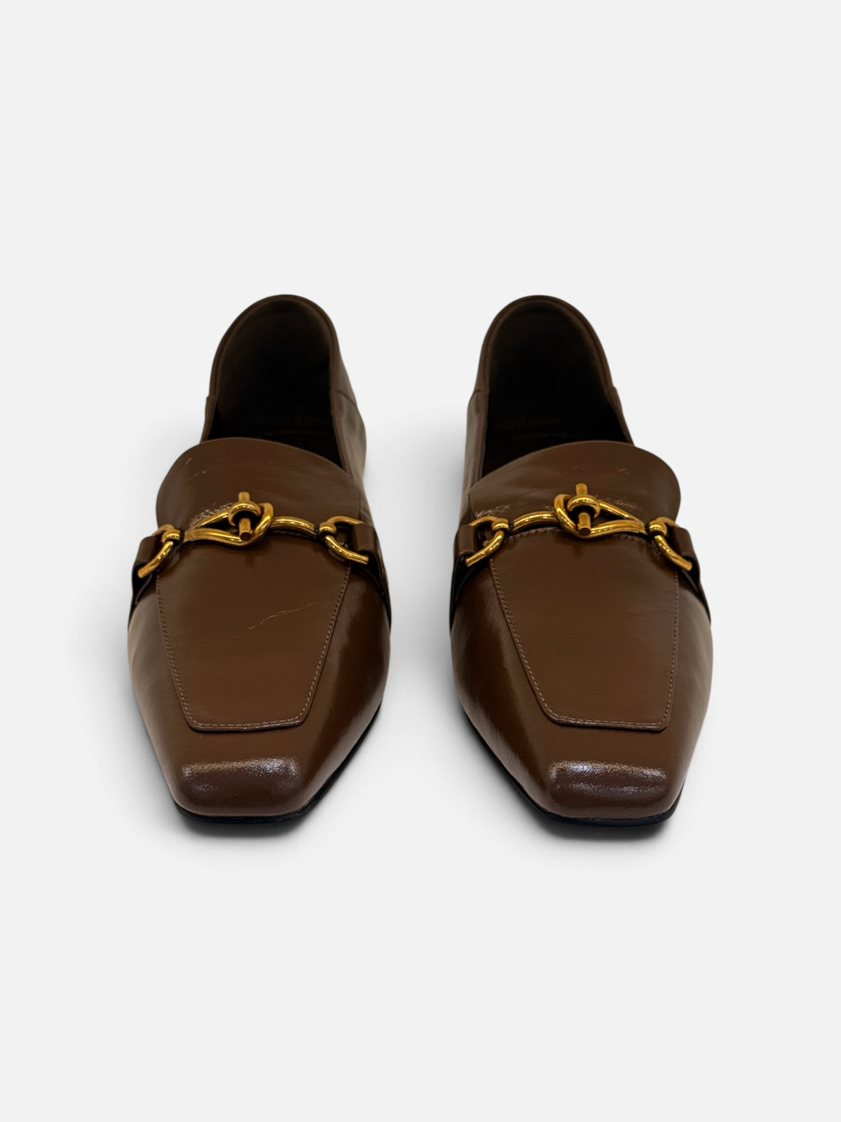 Classic Dark Brown Leather Flat Loafers with Gold Hardware