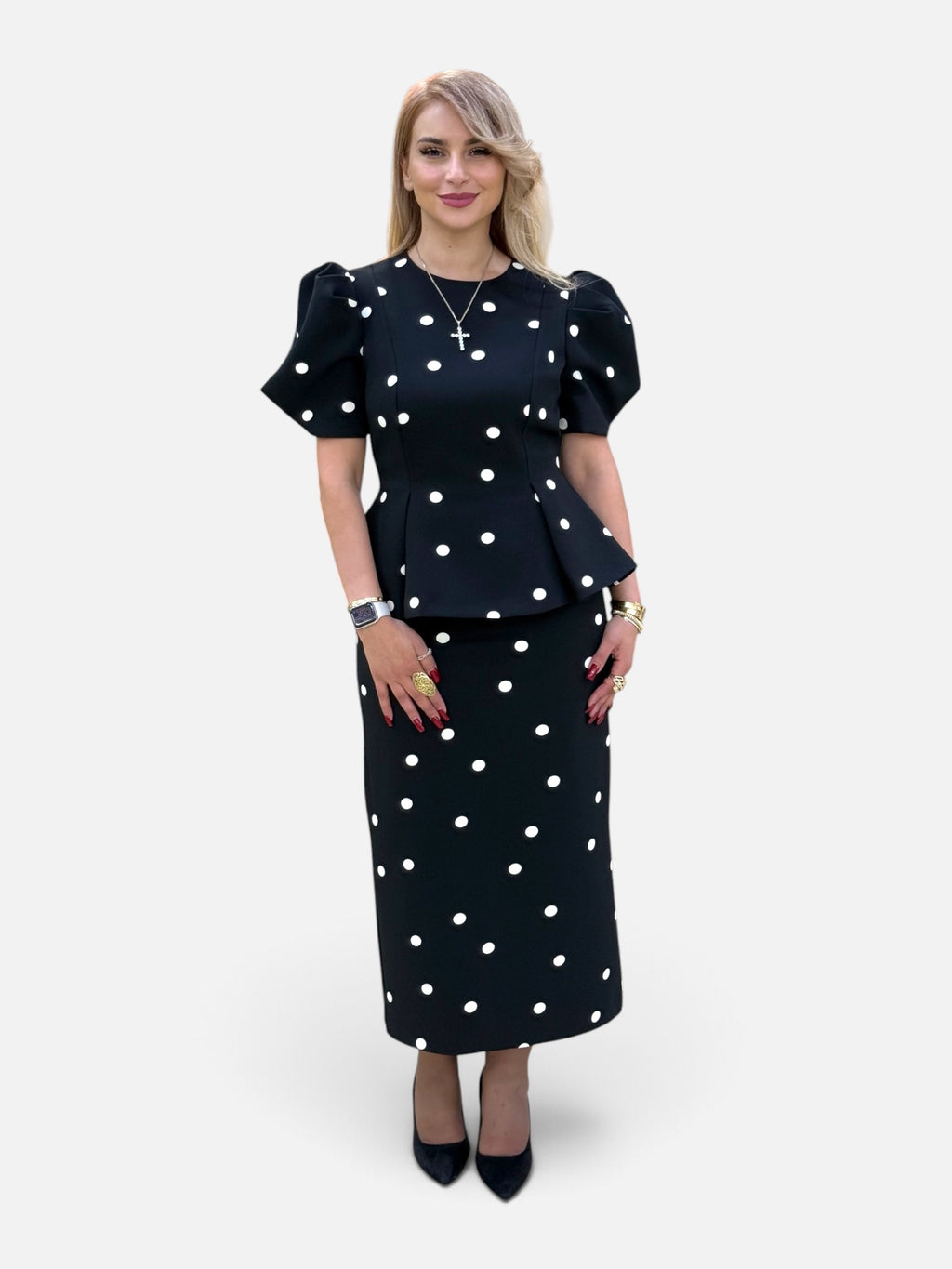 Elegant Black Polka Dot Midi Dress with Puff Sleeves
