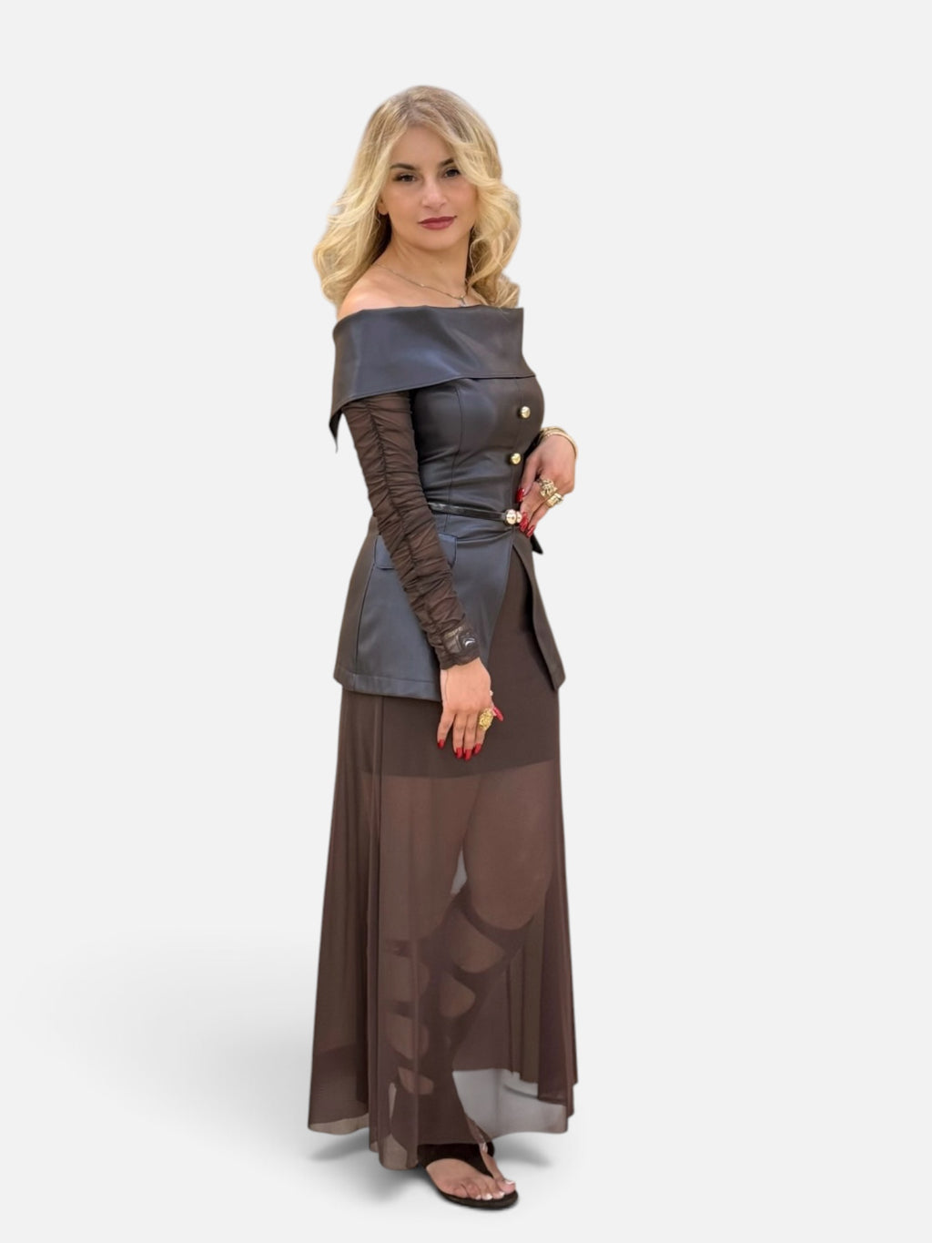 Dark Brown Leatherette Off-Shoulder Set