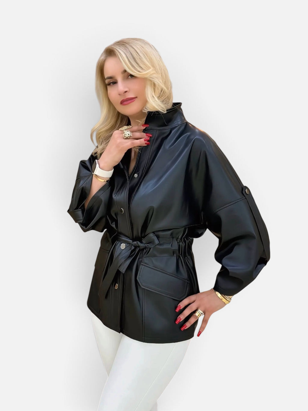 Black Faux Leather Wrap Jacket – Snap-Front with Tie Belt