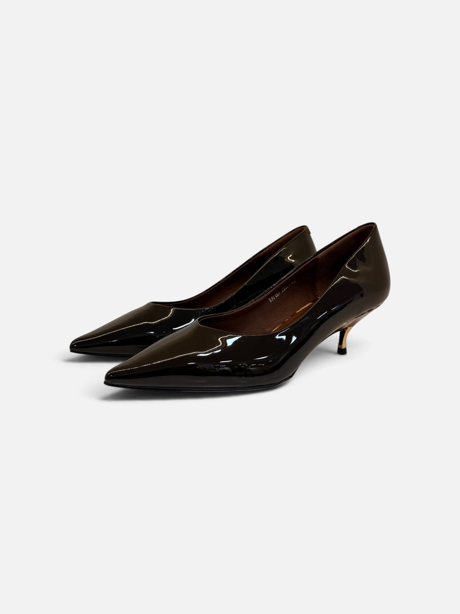 Dark Chocolate Patent Leopard-Sole Kitten Heels