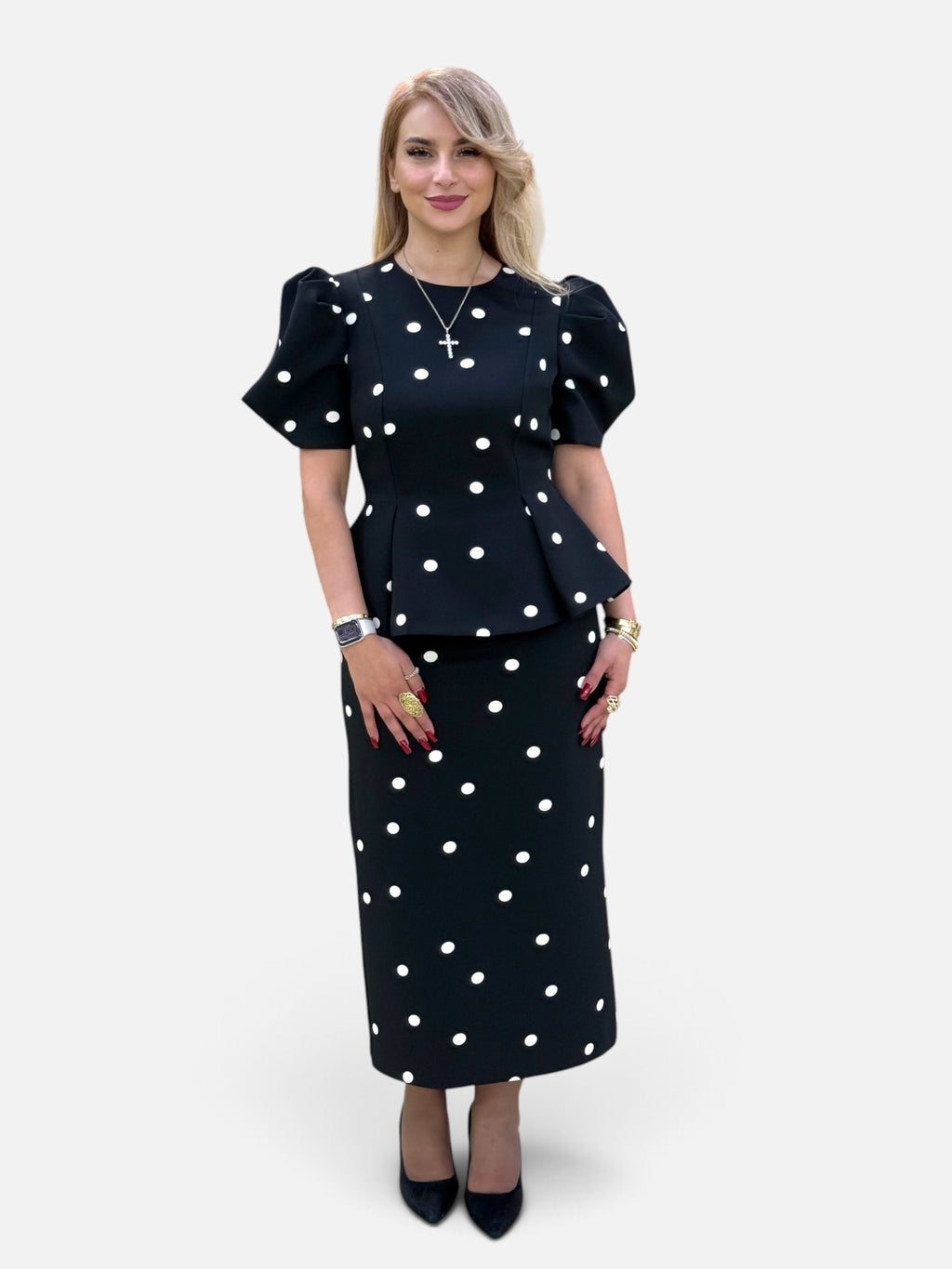 Elegant Black Polka Dot Midi Dress with Puff Sleeves