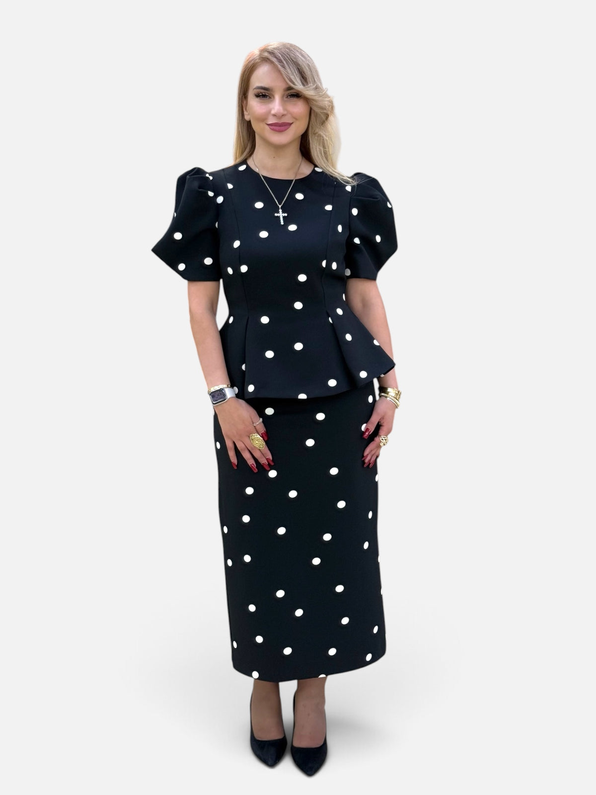 Elegant Black Polka Dot Midi Dress with Puff Sleeves
