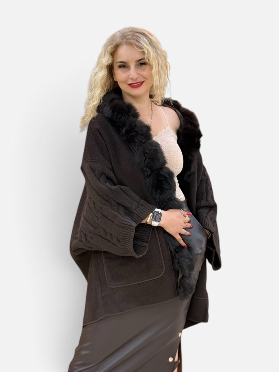 Cable-Knit Natural Fur-Trim Coat
