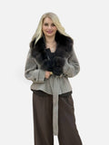 Grey Wool Belted Coat with Dark Fur Collar
