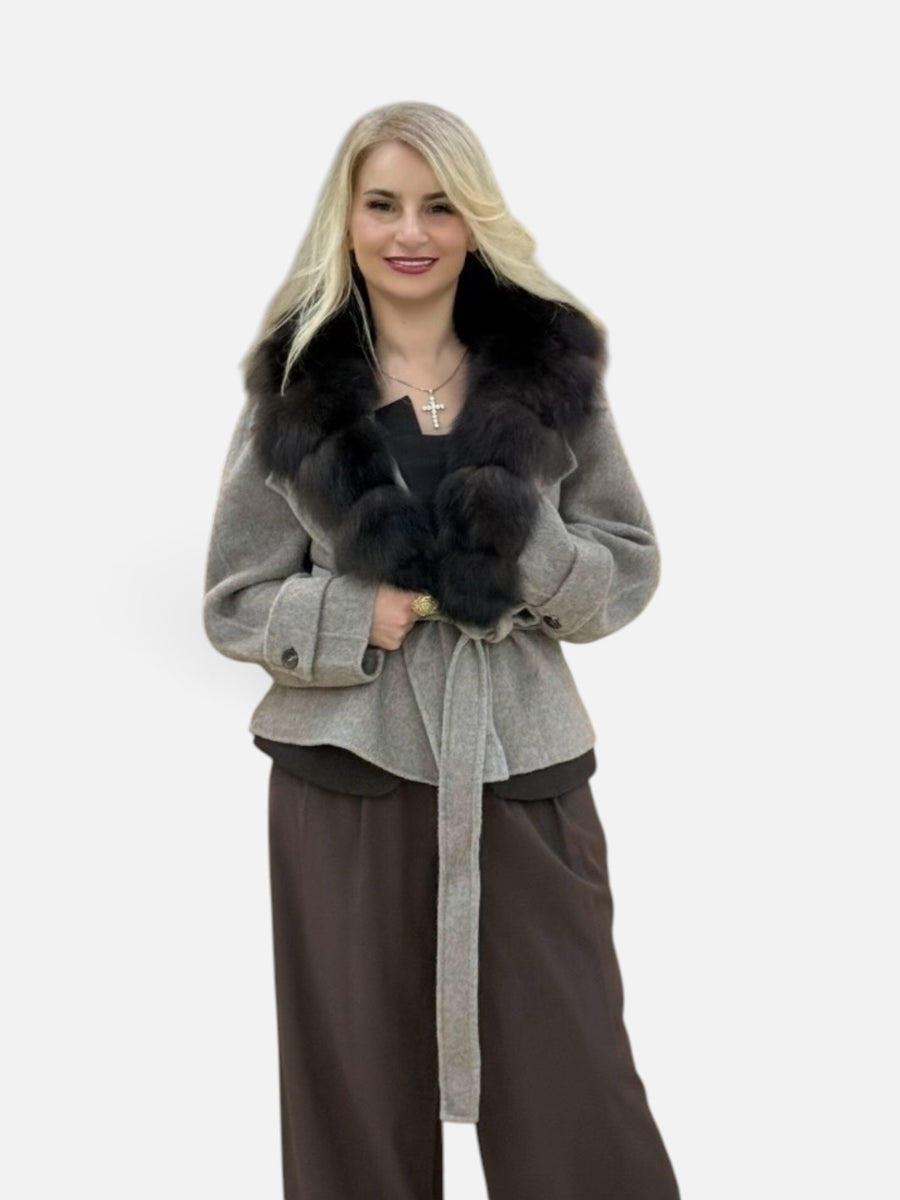 Grey Wool Belted Coat with Dark Fur Collar