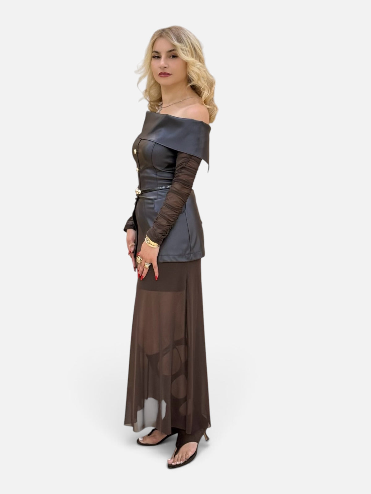 Dark Brown Leatherette Off-Shoulder Set