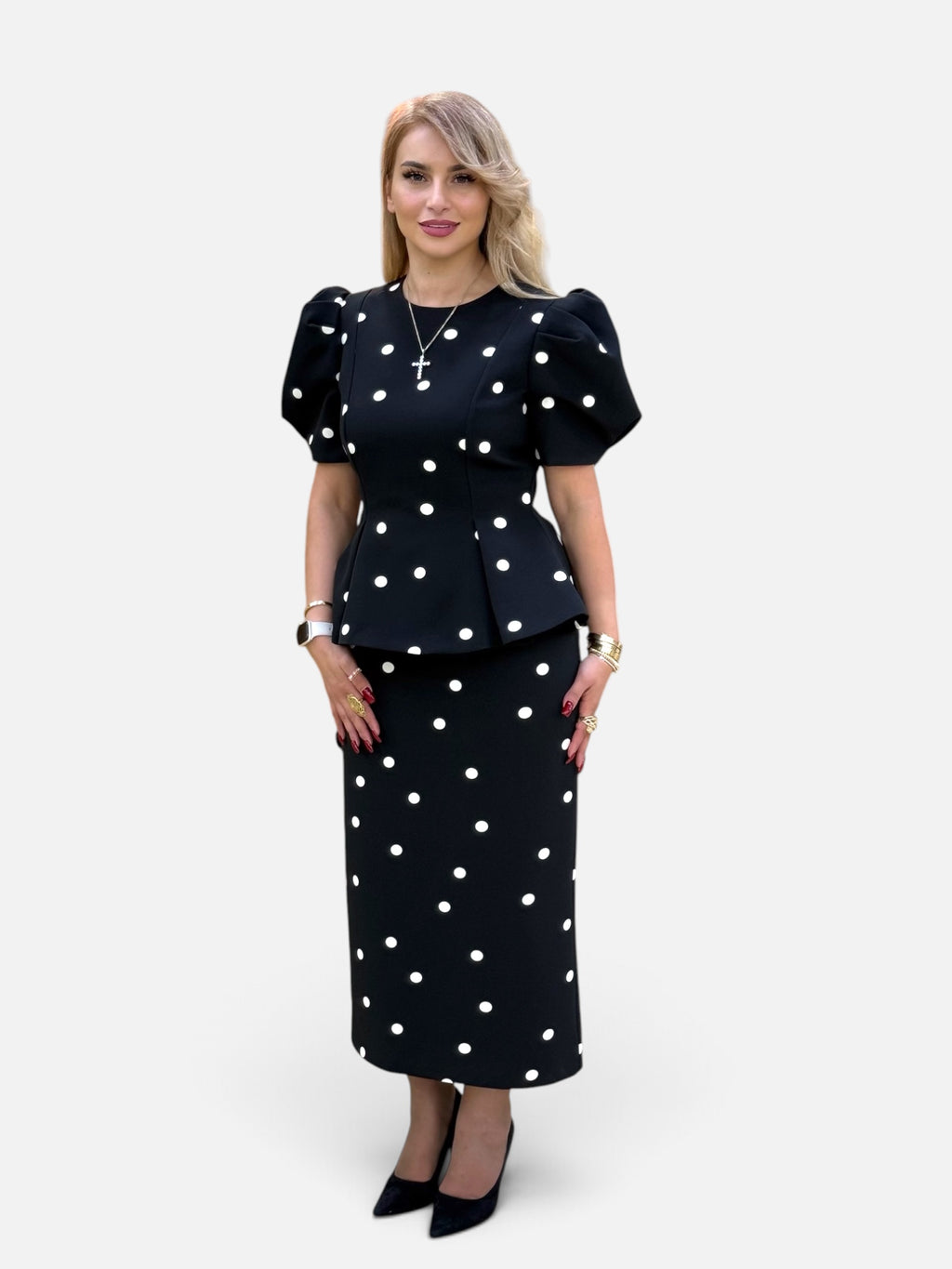 Elegant Black Polka Dot Midi Dress with Puff Sleeves