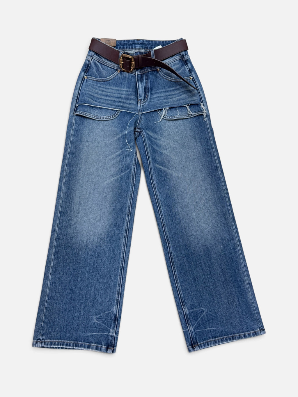Wide-Leg Jeans with Layered Panel and Slightly Exposed Pockets