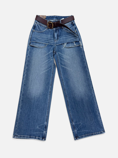 Wide-Leg Jeans with Layered Panel and Slightly Exposed Pockets
