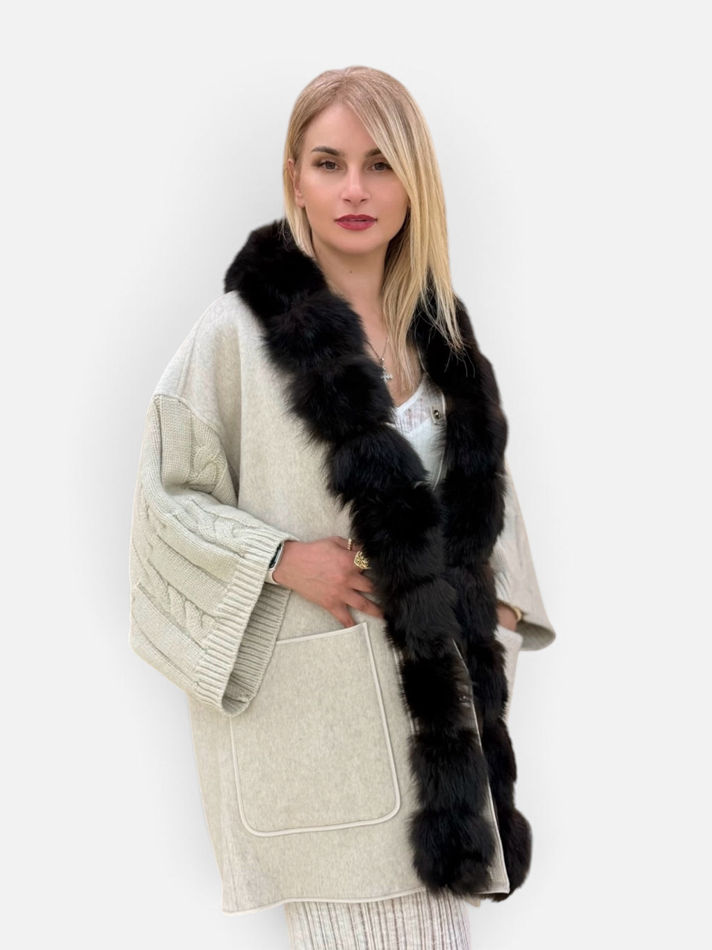 Cable-Knit Natural Fur-Trim Coat