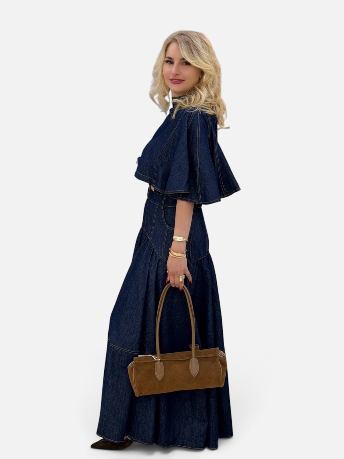 Denim Two-Piece Set – Cropped Flutter Sleeve Top & Full-Length A-Line Skirt