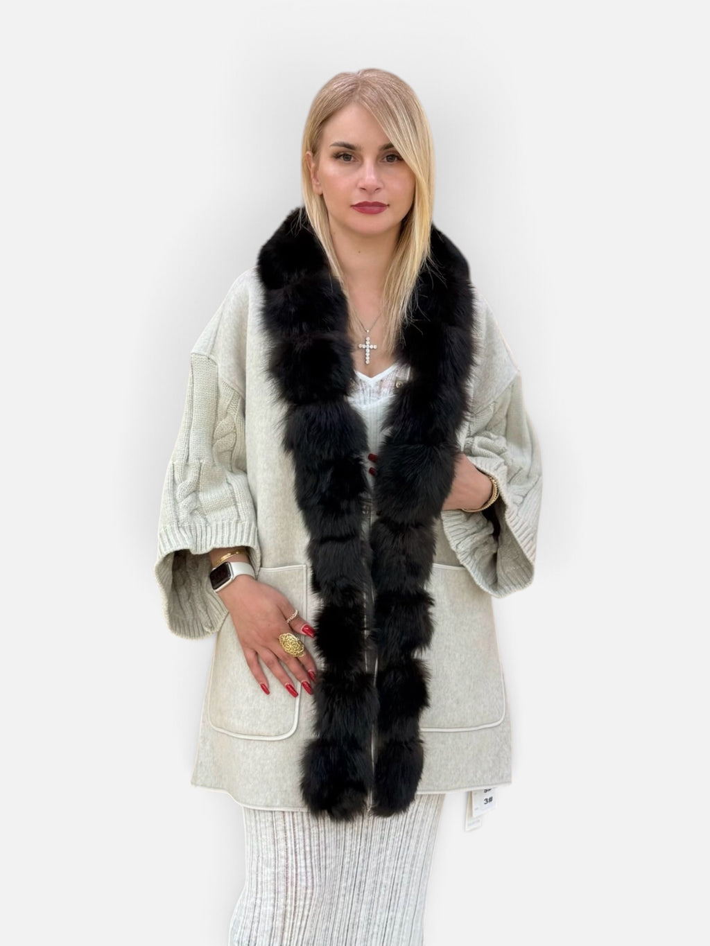Cable-Knit Natural Fur-Trim Coat
