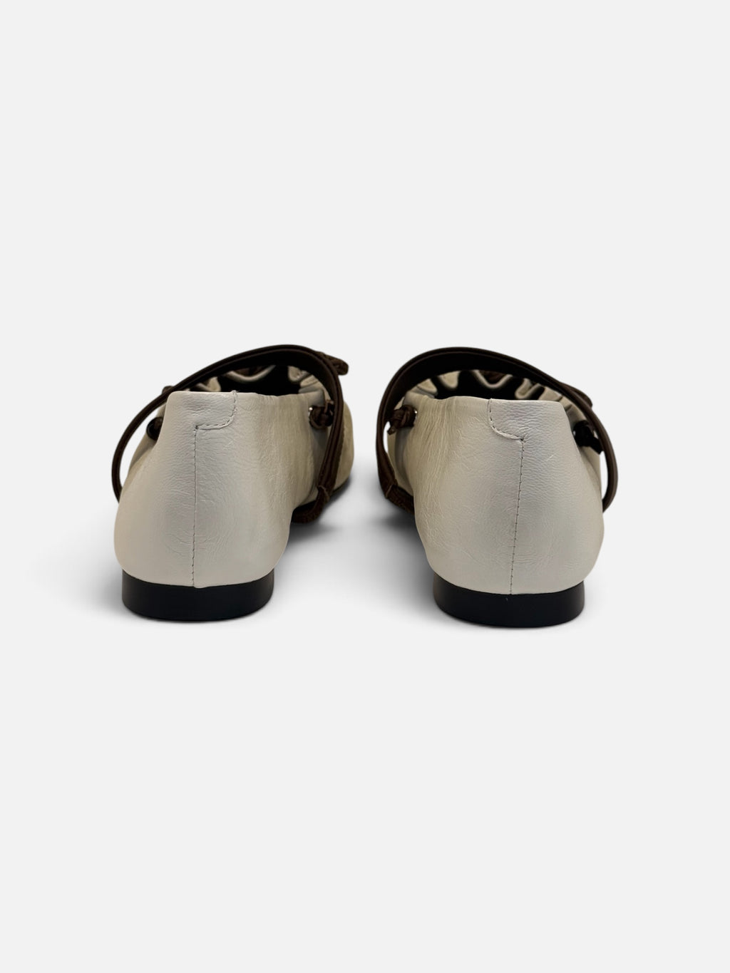 Cream Leather Ballet Flats with Dark Brown Lace-Up & Strap