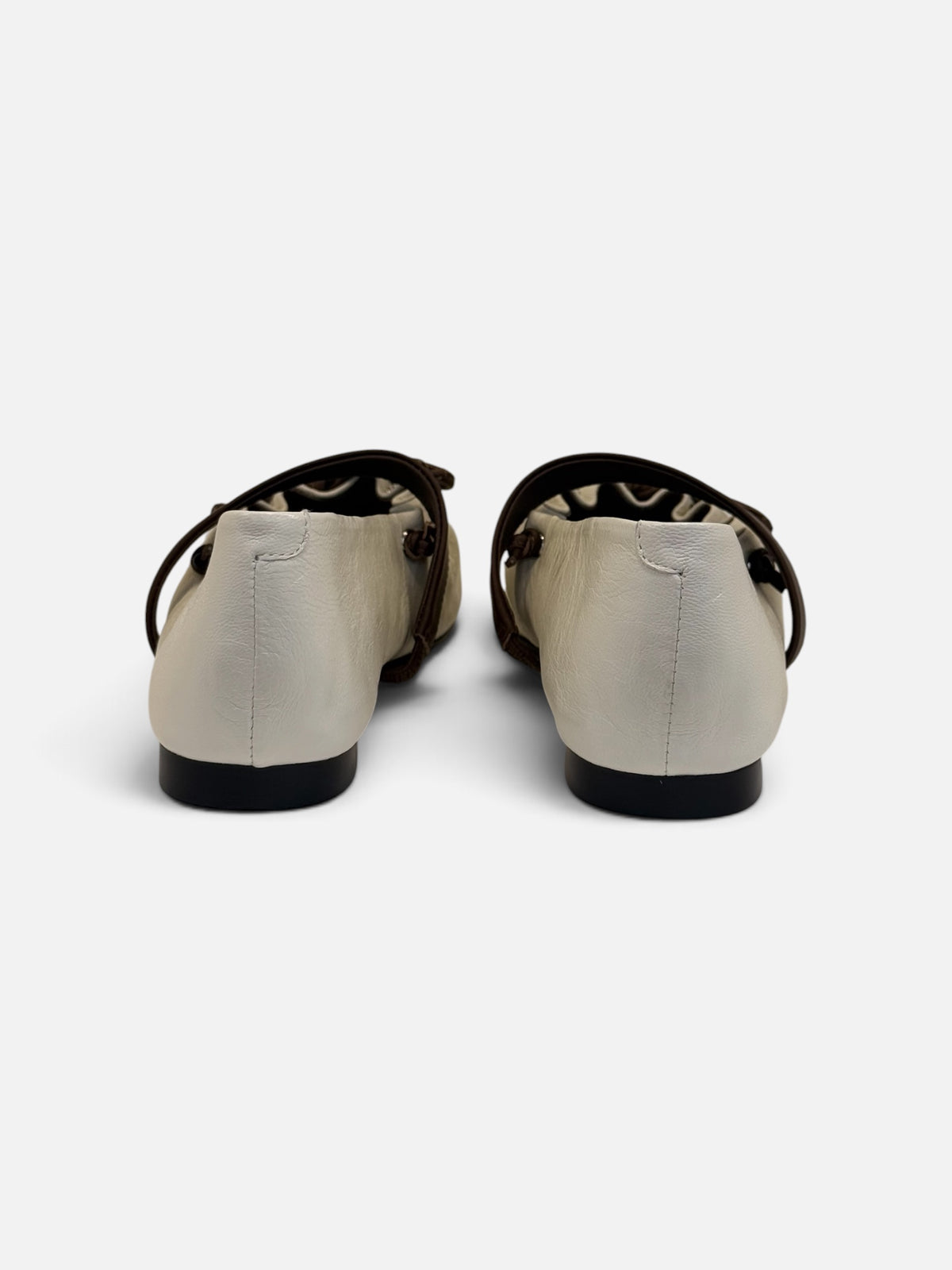 Cream Leather Ballet Flats with Dark Brown Lace-Up & Strap