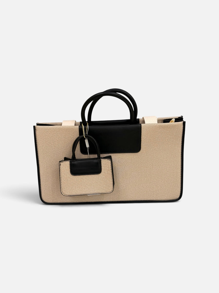Beige Canvas Tote Bag with Mini Pouch