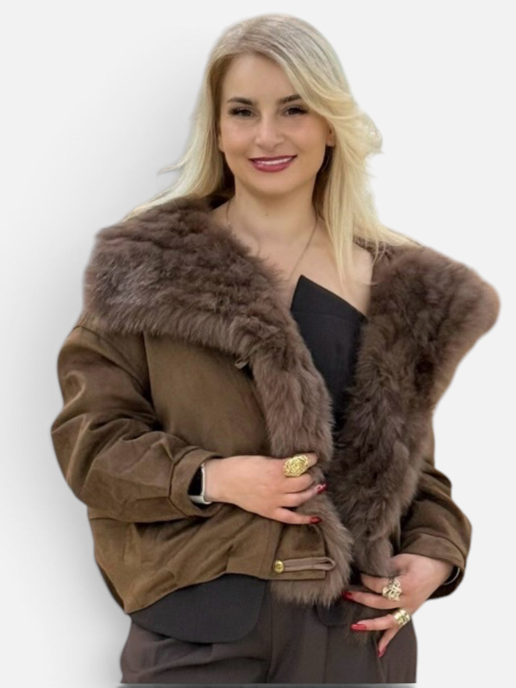 Faux Suede Jacket with Fur-Lined Lapel Facing