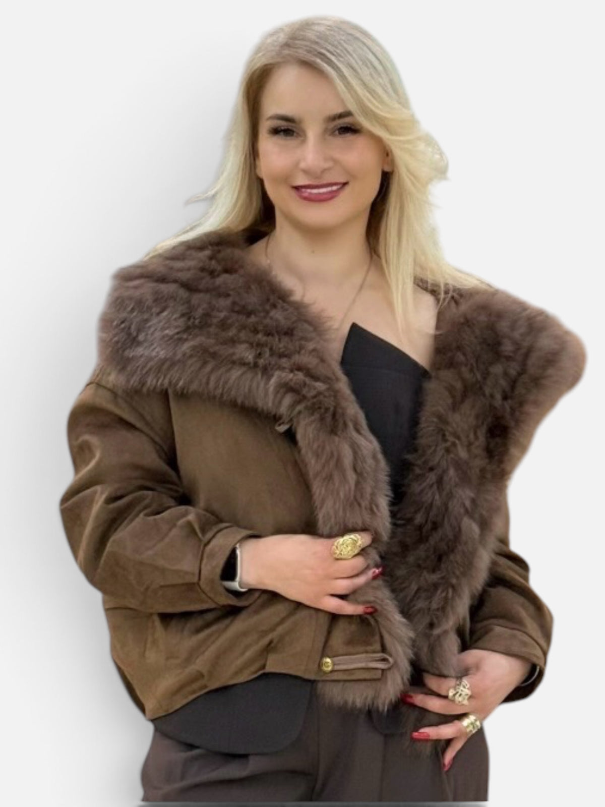 Faux Suede Jacket with Fur-Lined Lapel Facing