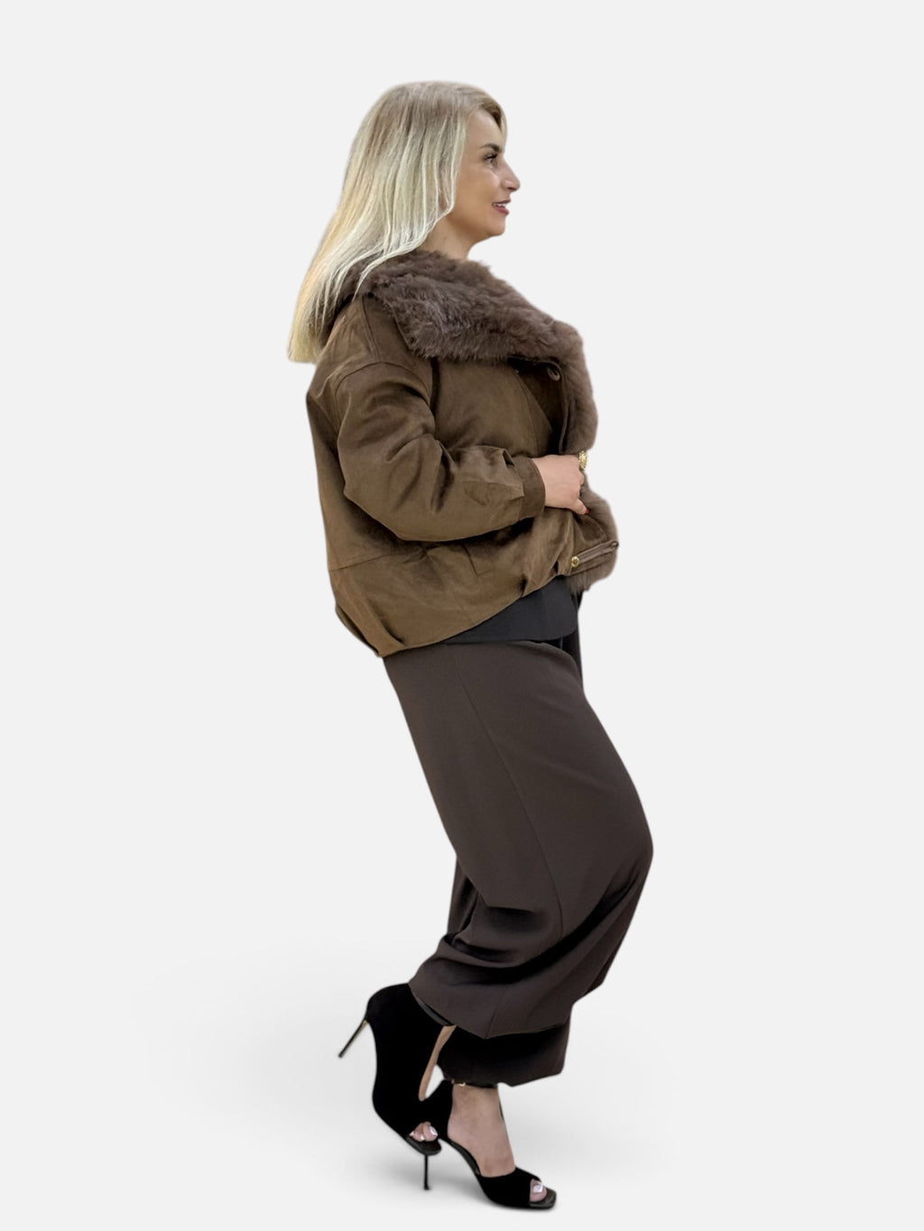 Faux Suede Jacket with Fur-Lined Lapel Facing