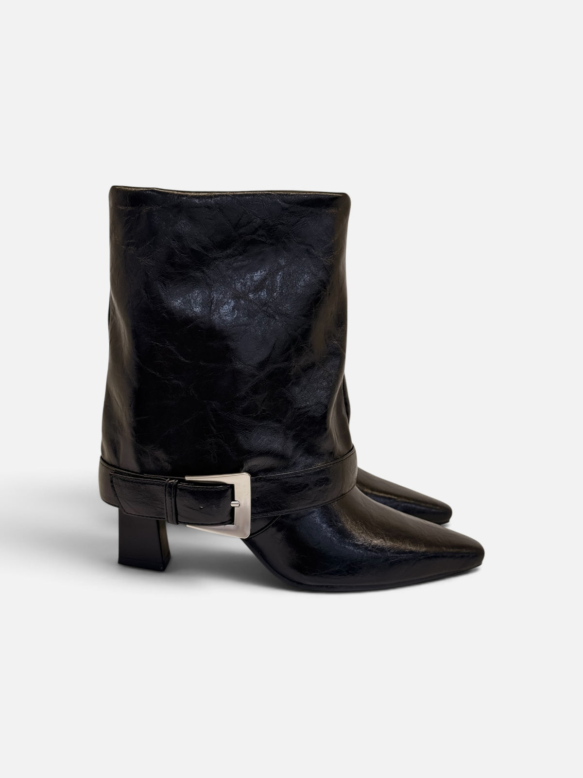 Trendy Black Leather Slouchy Ankle Boots with Silver Accent