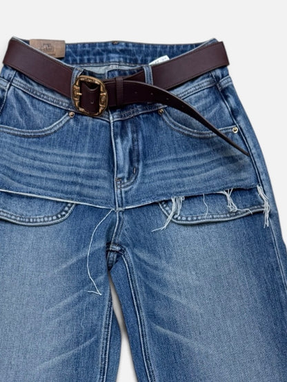 Wide-Leg Jeans with Layered Panel and Slightly Exposed Pockets