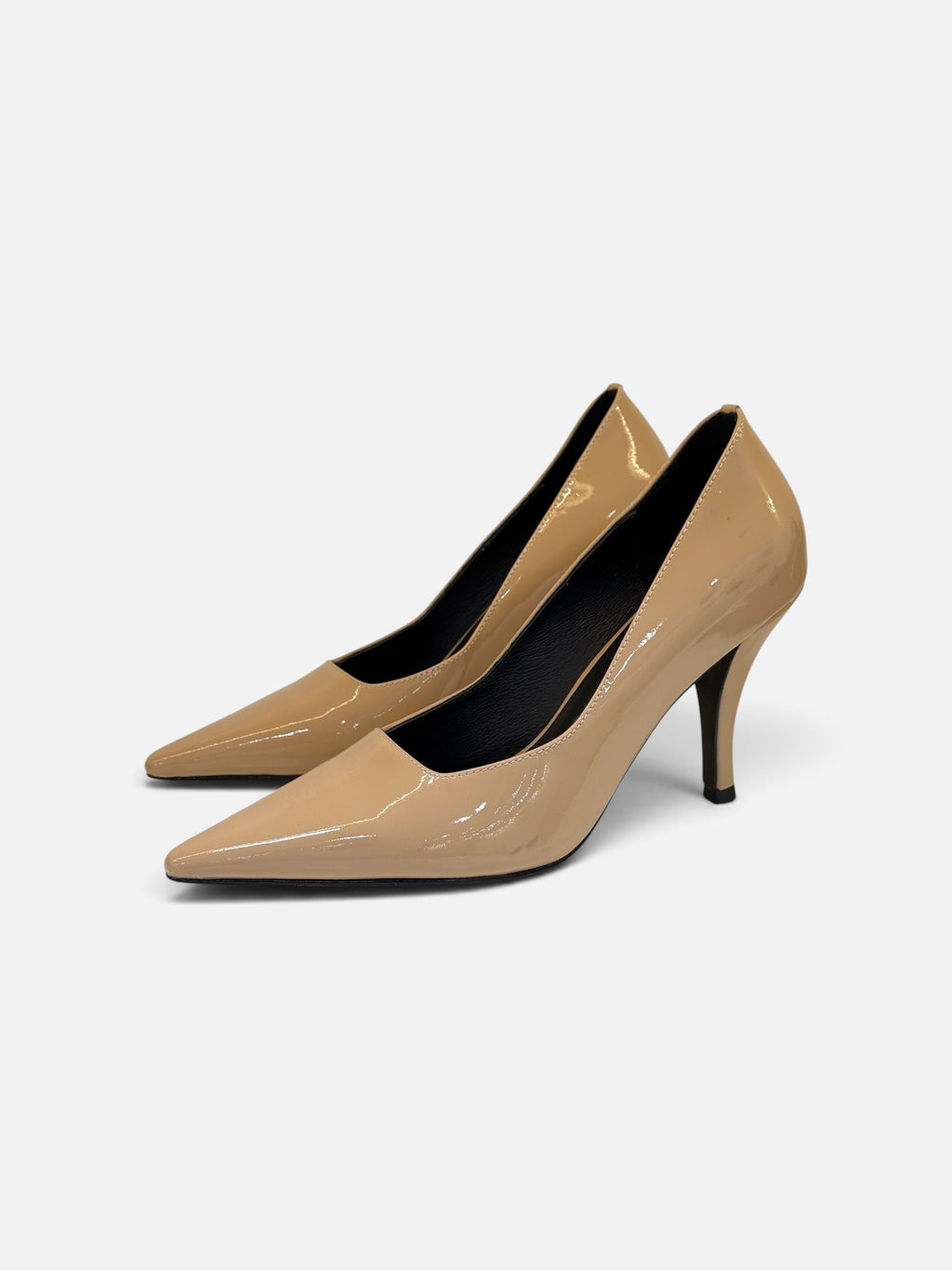 Glossy Beige Pointed-Toe Pumps