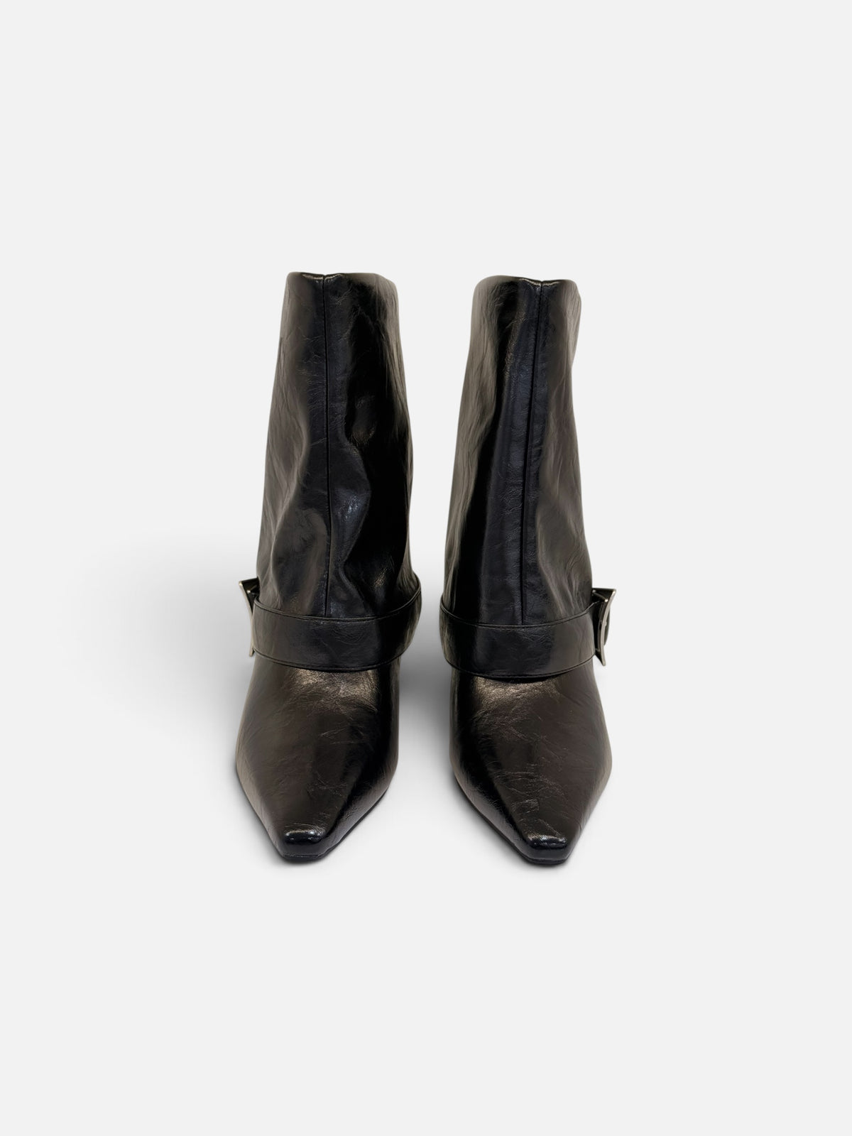 Trendy Black Leather Slouchy Ankle Boots with Silver Accent
