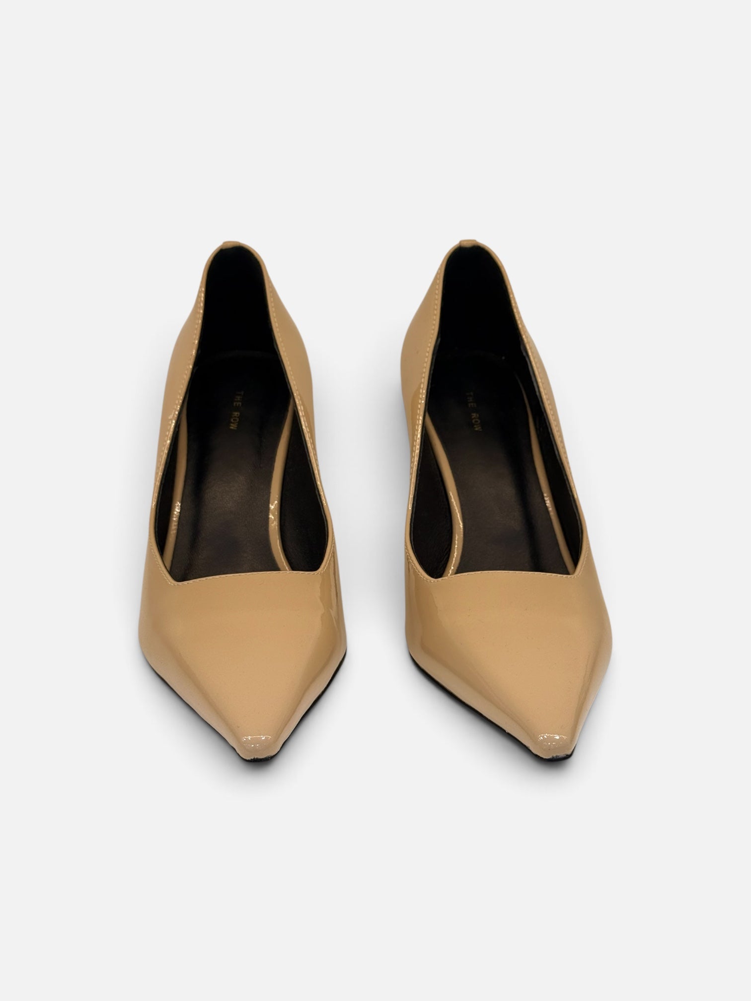 Glossy Beige Pointed-Toe Pumps