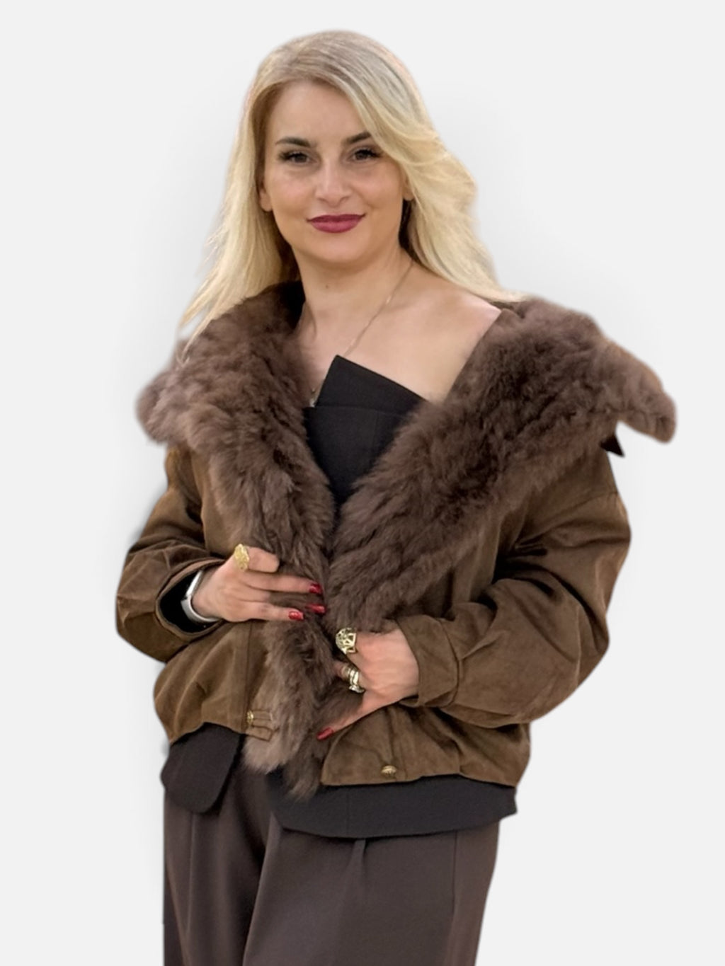 Faux Suede Jacket with Fur-Lined Lapel Facing