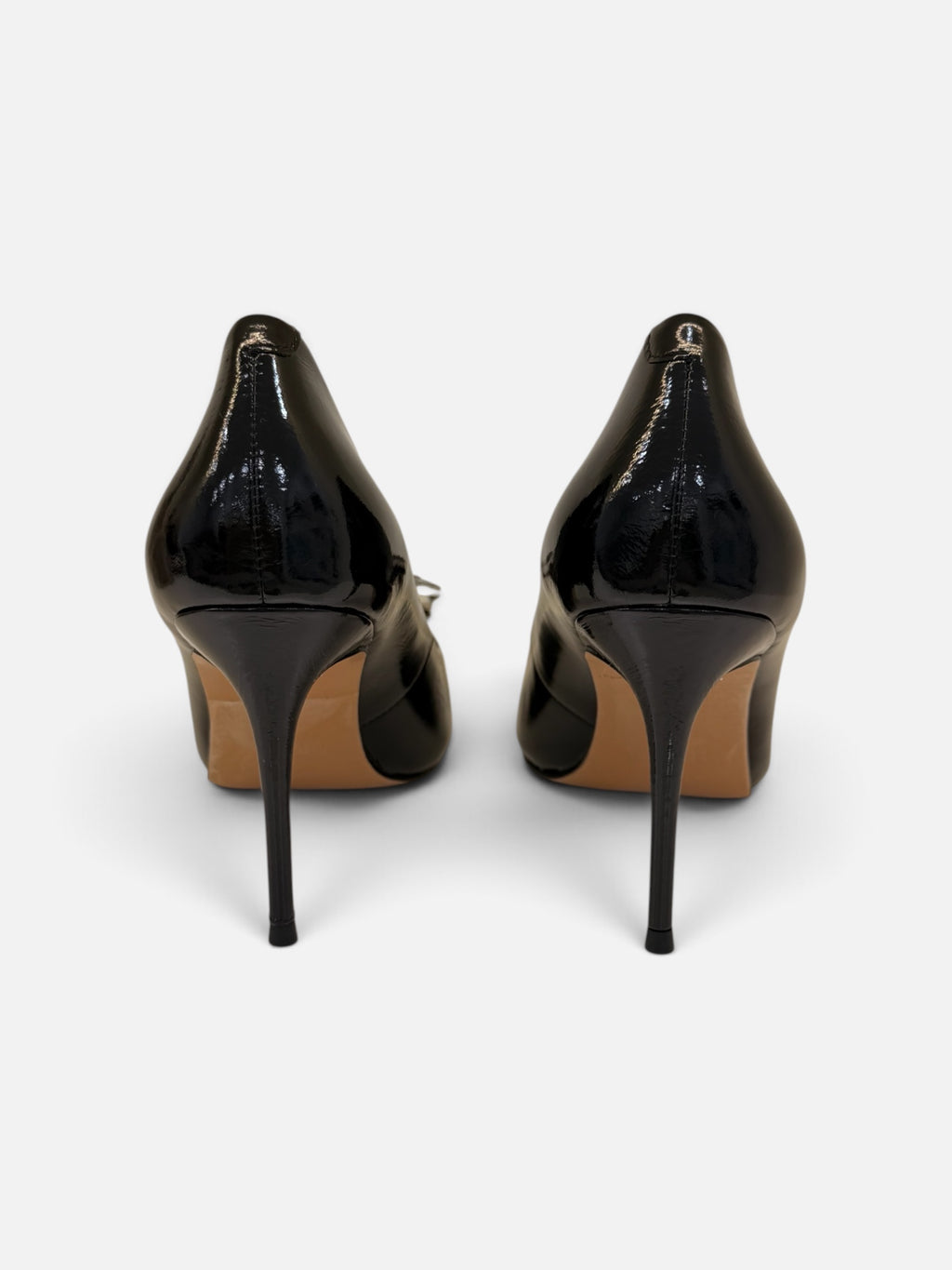 Glossy Black Pointed-Toe Pumps with Crystal Buckle