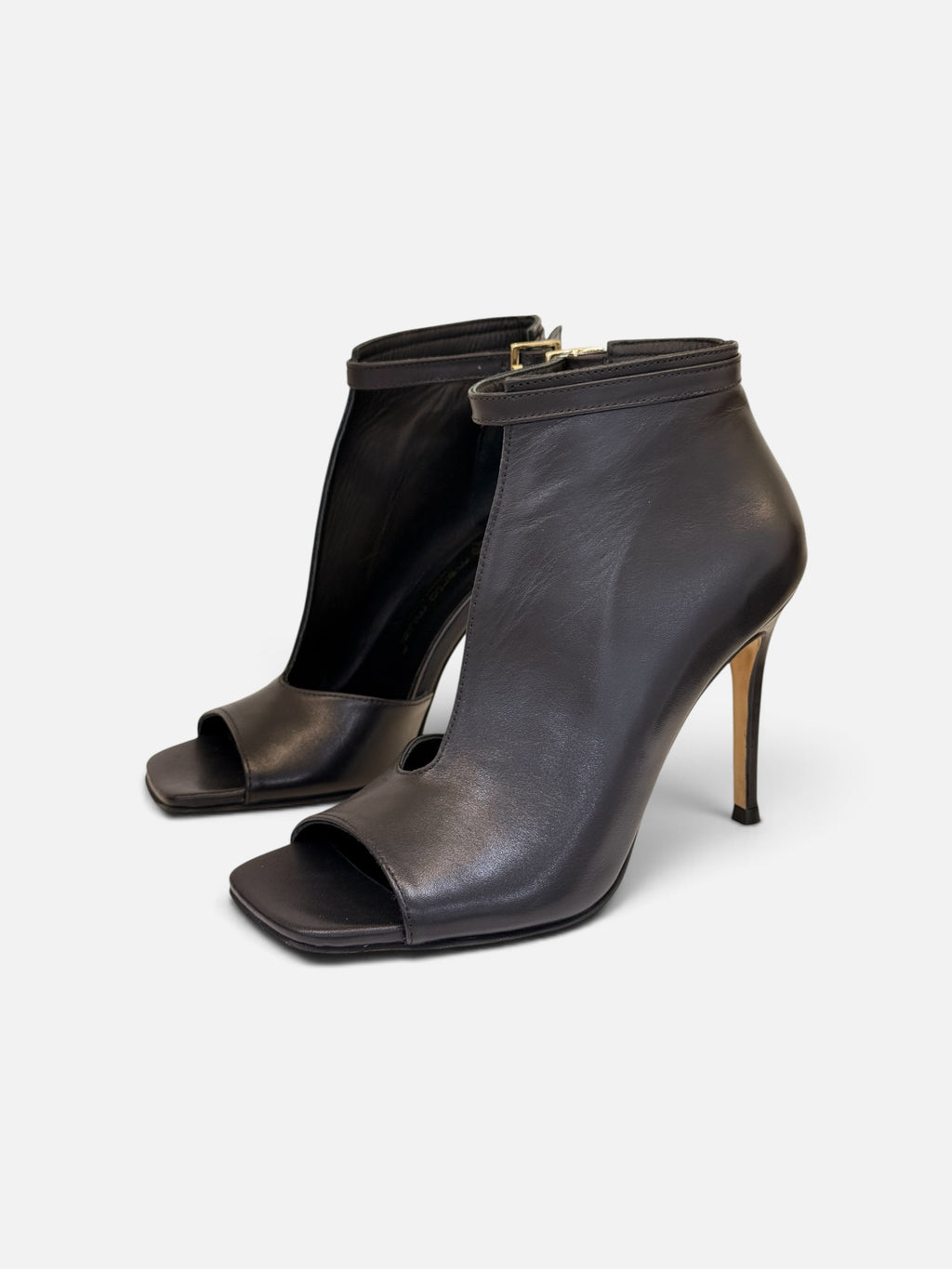 Dark Brown Leather Peep-Toe Ankle Booties