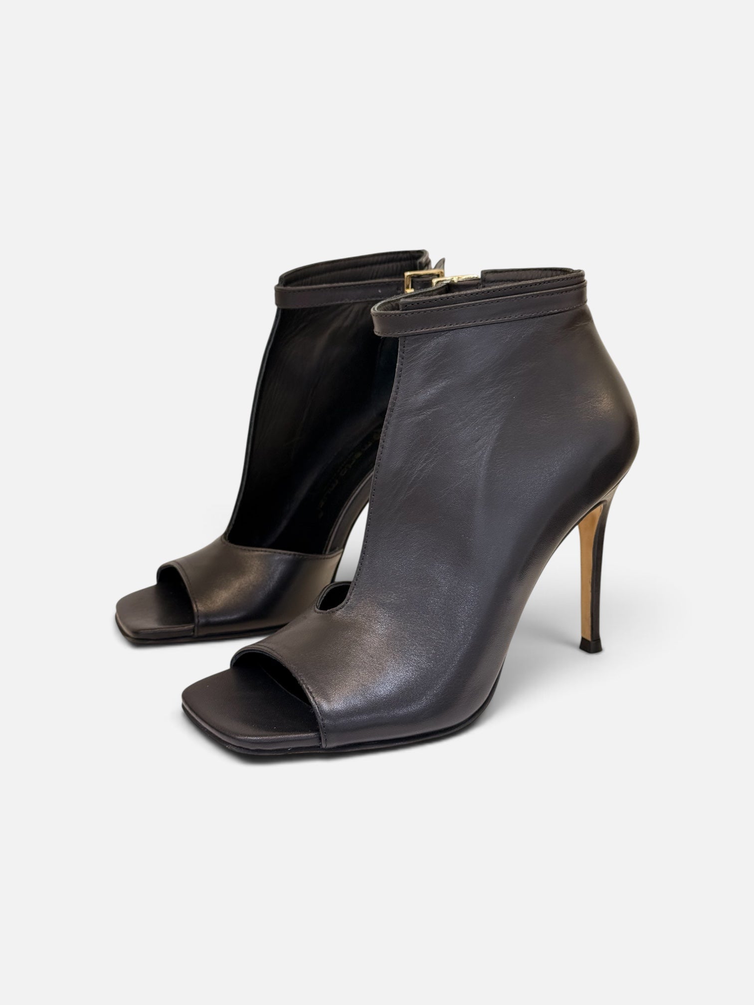 Dark Brown Leather Peep-Toe Ankle Booties